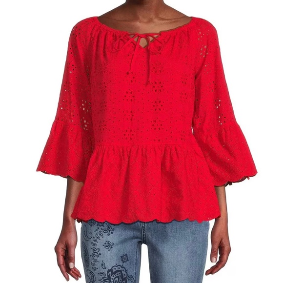 NWT JOHN MARK EYELET RUFFLE PEASANT TUNIC FRONT TIES Sz S - Picture 2 of 5